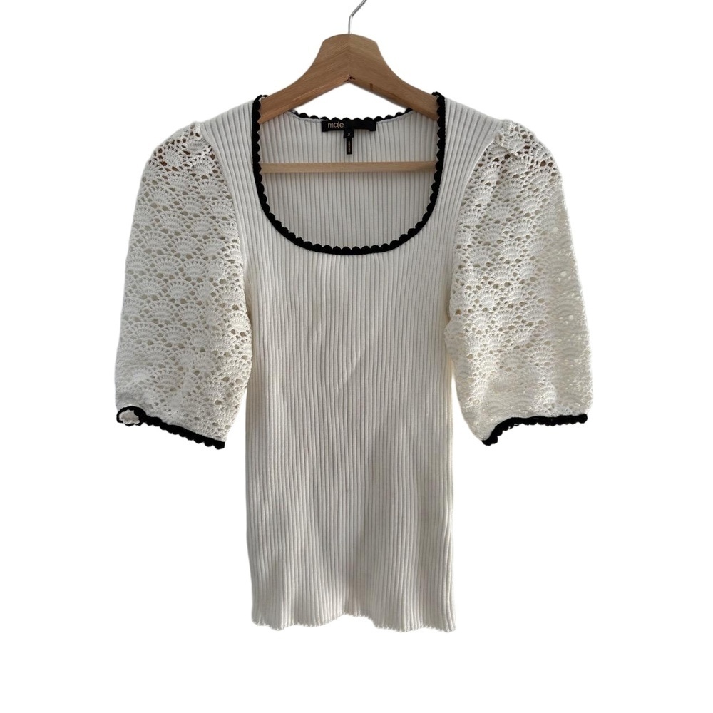 Maje Top Size 2 White Black Trim Crochet Knit Ribbed Scalloped Collar EUC